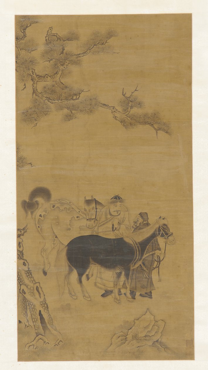 To mænd og to heste under et fyrretræ, Qing-dynastiet, 1700-tallet. af Unbekannt
