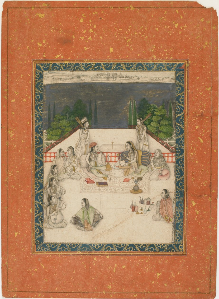 To kvinder siddende på en terrasse, omgivet af ledsagere og musikere, ca. 1650. af Unbekannt