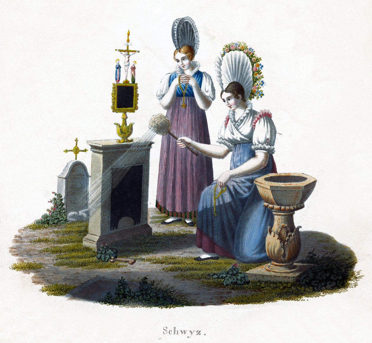 To kvinder stående foran en gravsten på en kirkegård, ca. 1800 af Unbekannt