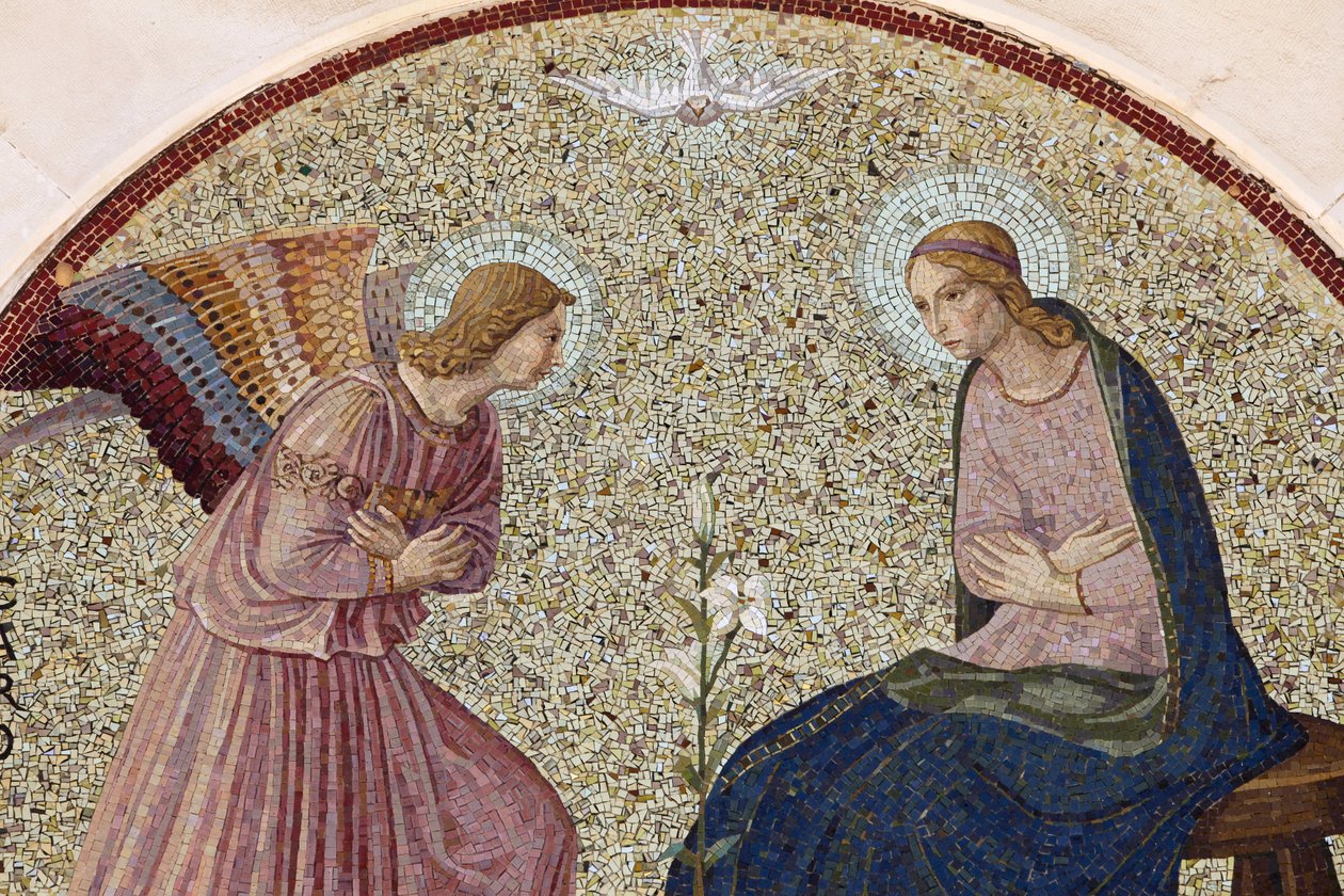 Tympanummosaik, der skildrer bebudelsen i Madonna della Scala benediktinerkloster, Noci, Apulien, Noci, Italien af Unbekannt