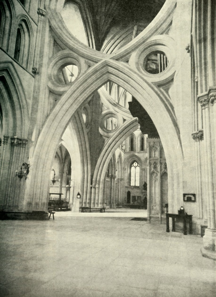 Usædvanlige buer i Wells Cathedral - mødes for at danne et St. Andrews Cross og blev således bygget i 1338 for at af Unbekannt