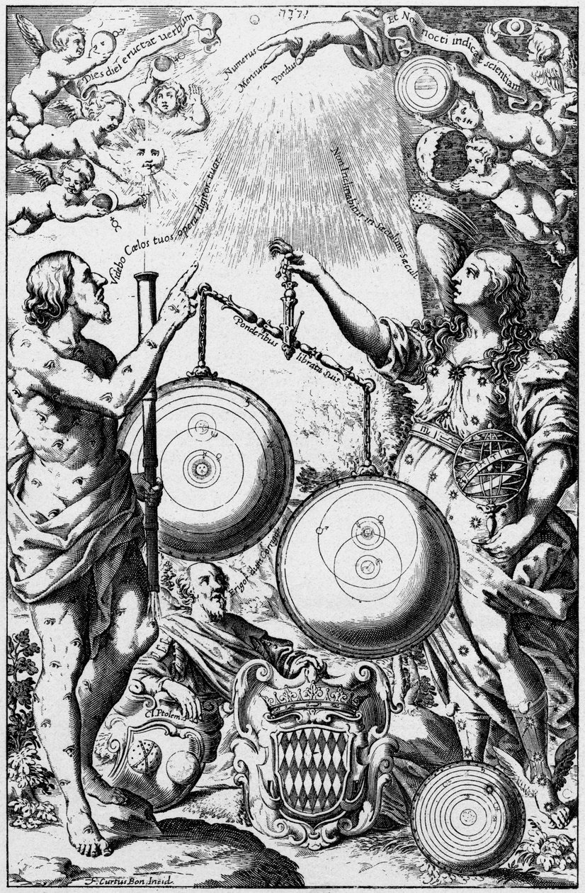 Urania, Astronomiens Muse, vejer og sammenligner universets systemer, 1651 af Unbekannt