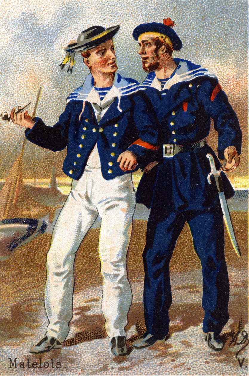 V: Sømænd. Indgravering i "Militæralfabet". Illustratorens initialer: A. D. Ukendt forlag. Kromolitografier sidst i det 19. århundrede. Mål: 10,5 x 7 cm. af Unbekannt
