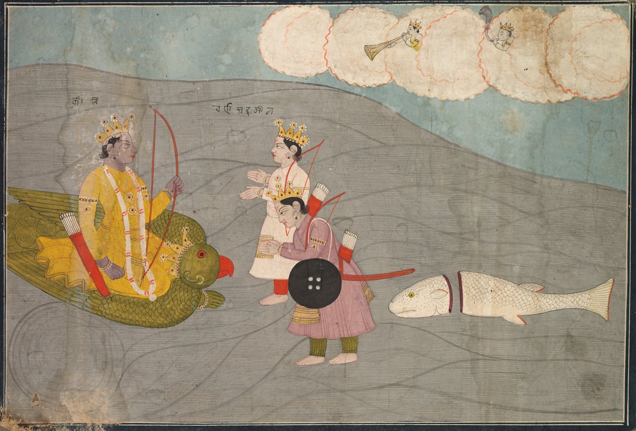 Vanasuras sønner underkaster sig Krishna: Scene fra Aniruddha Usha-sektionen af Krishna Lila, ca. 1840. af Unbekannt
