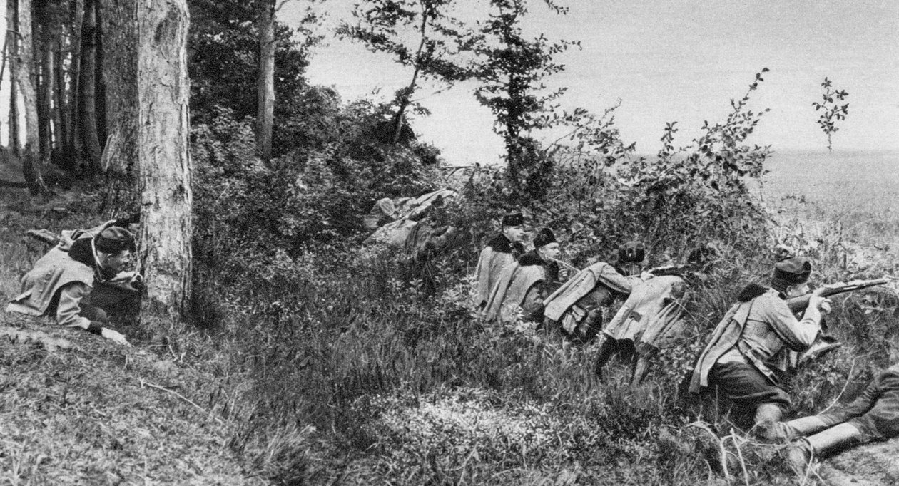 Fortrop af østrig-ungarske uhlanere besætter en lysning i en skov, Første Verdenskrig, 1917 af Unbekannt
