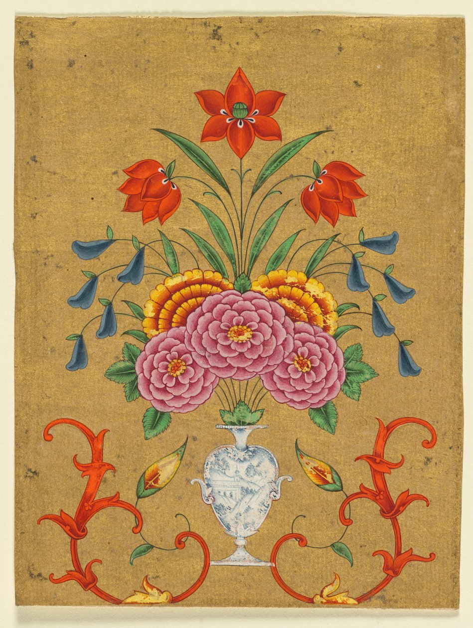 Vase med blomsterarrangement og scrollwork, ca. 1750-1800. af Unbekannt