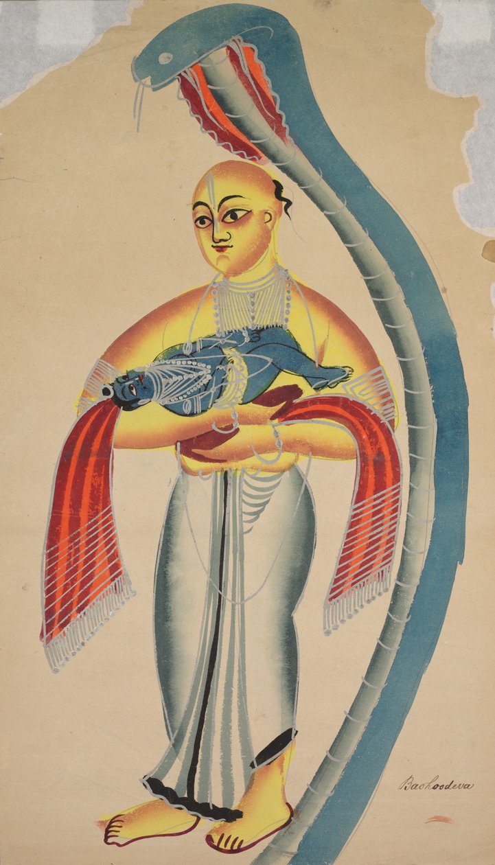 Vasudeva Krishnas far, der flygter med spædbarnet Krishna møder en kobra, 1800-tallet. af Unbekannt