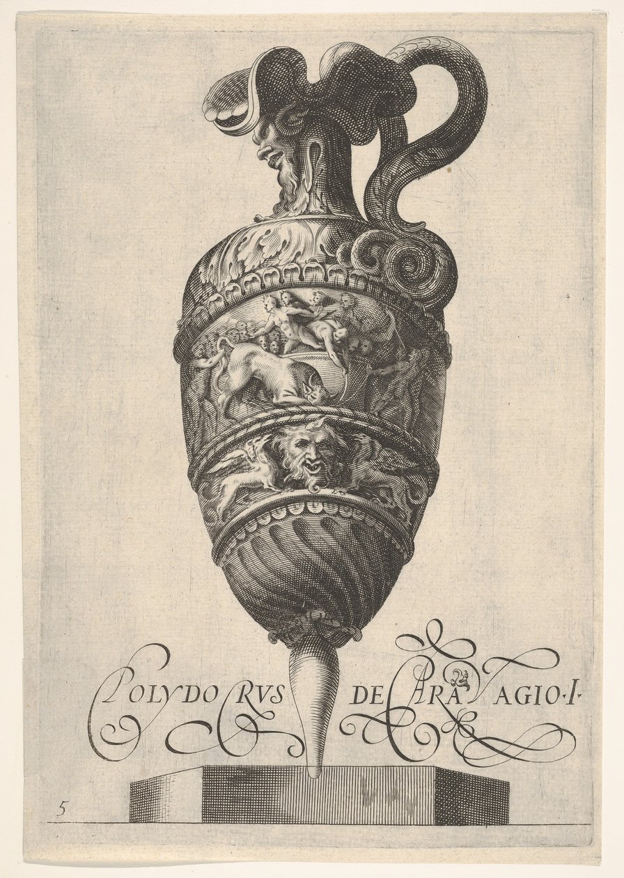 Fartøj med groteske masker, griffiner og en frise befolket af en tyr og mænd i..., ca 1550-1600. af Unbekannt