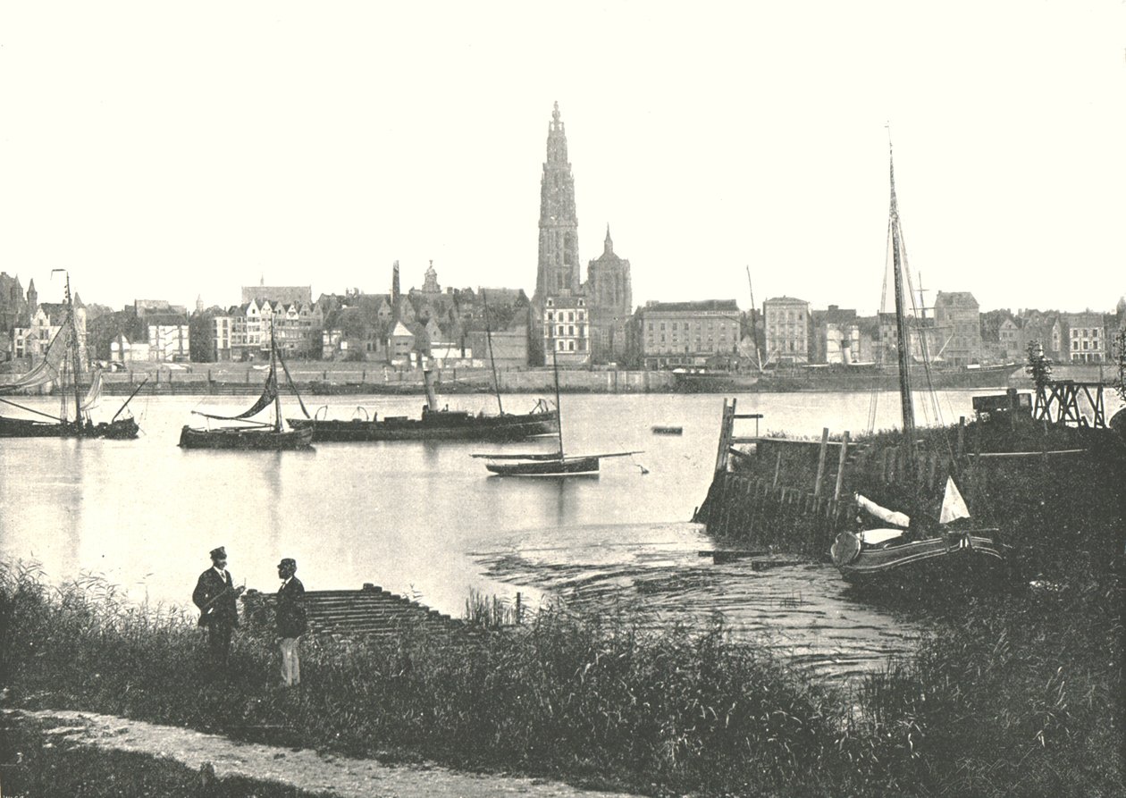 Udsigt over floden til katedralen, Antwerpen, Belgien, 1895. af Unbekannt