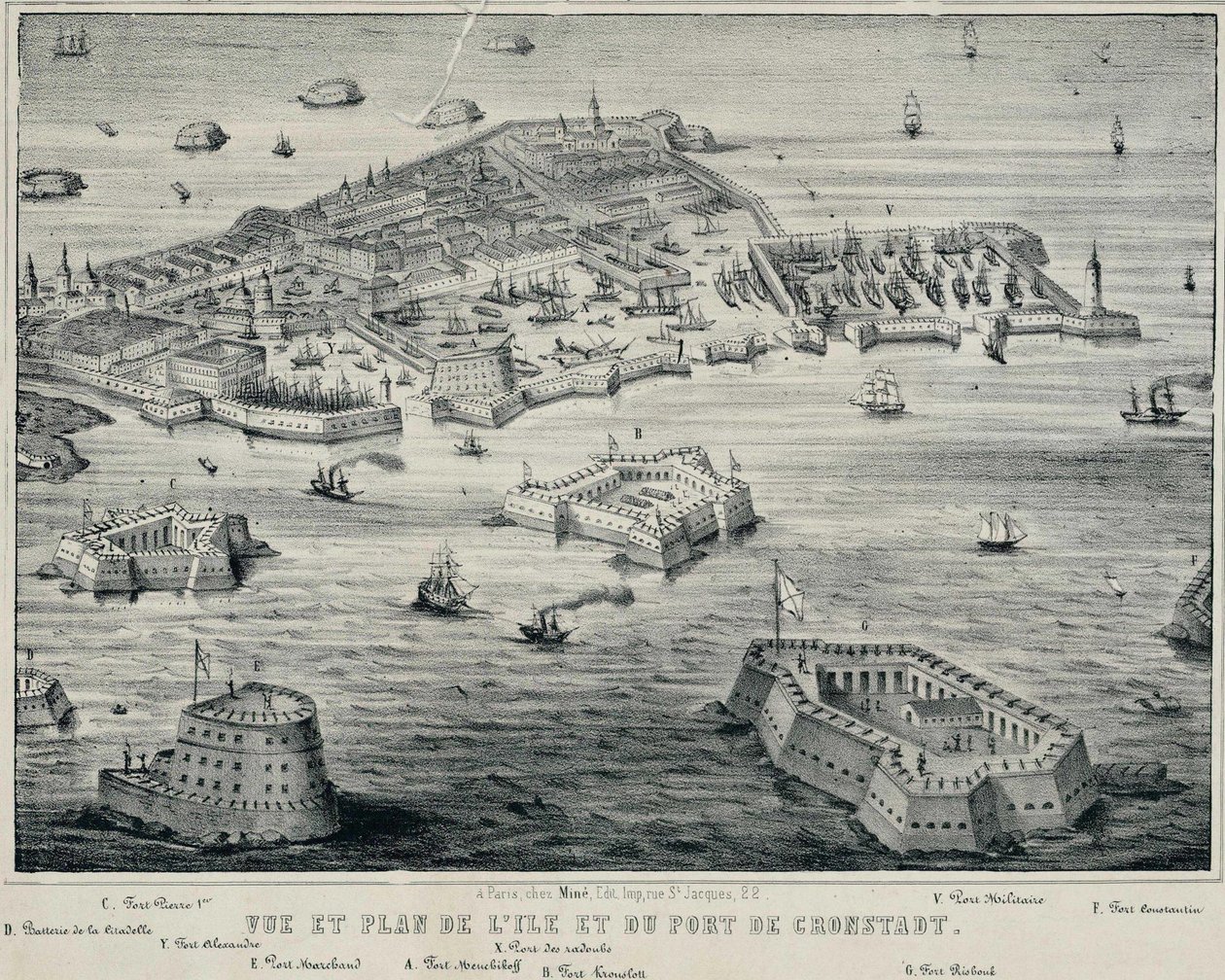 Udsigt og plan over øen og havnen i Kronstadt, ca. 1850 af Unbekannt