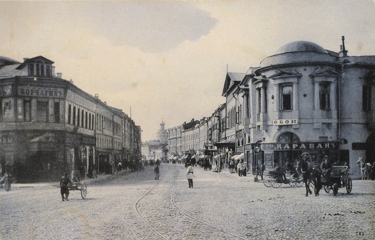 Udsigt over Arbat Street om vinteren, Moskva, Rusland, begyndelsen af det 20. århundrede af Unbekannt