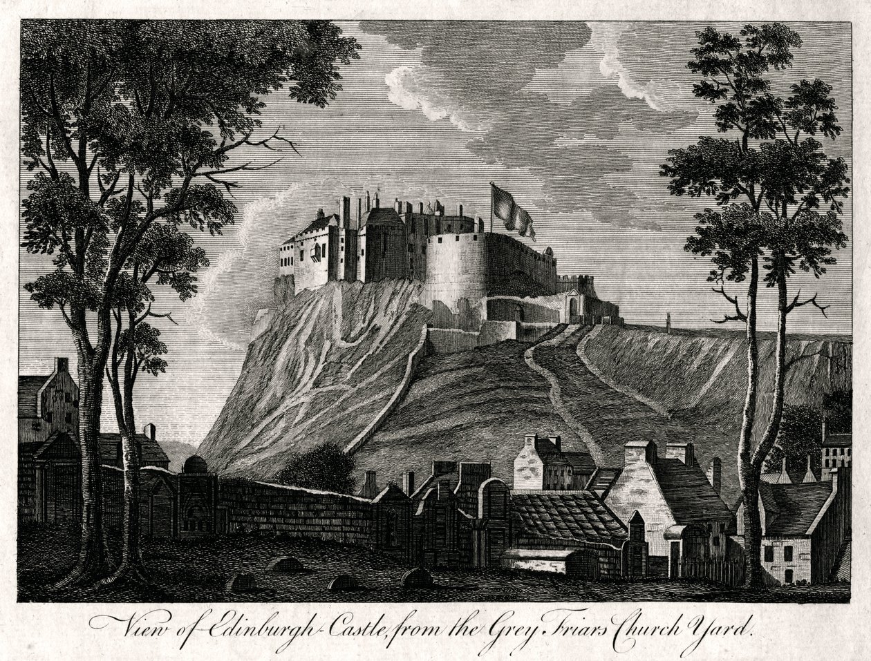 Udsigt over Edinburgh Castle, fra Grey Friars Church Yard, 1700-tallet af Unbekannt