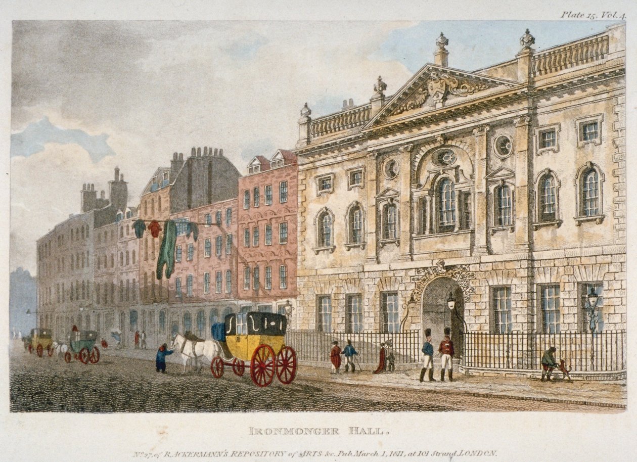 Udsigt over isenkræmmerhallen og mennesker og en bus i Fenchurch Street, City of London, 1811 af Unbekannt