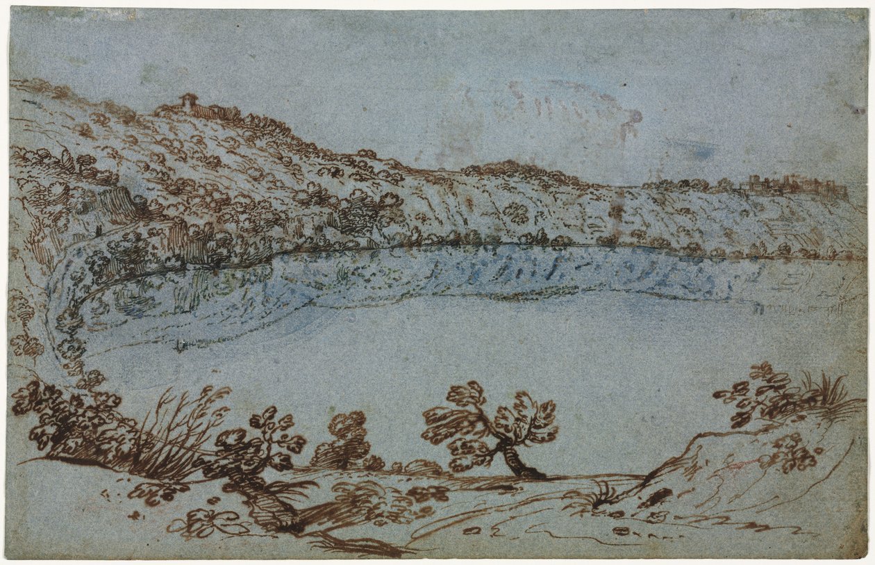 Udsigt over Lake Nemi recto Lille gruppe af romerske ruiner på bagsiden, ca. 1650. af Unbekannt