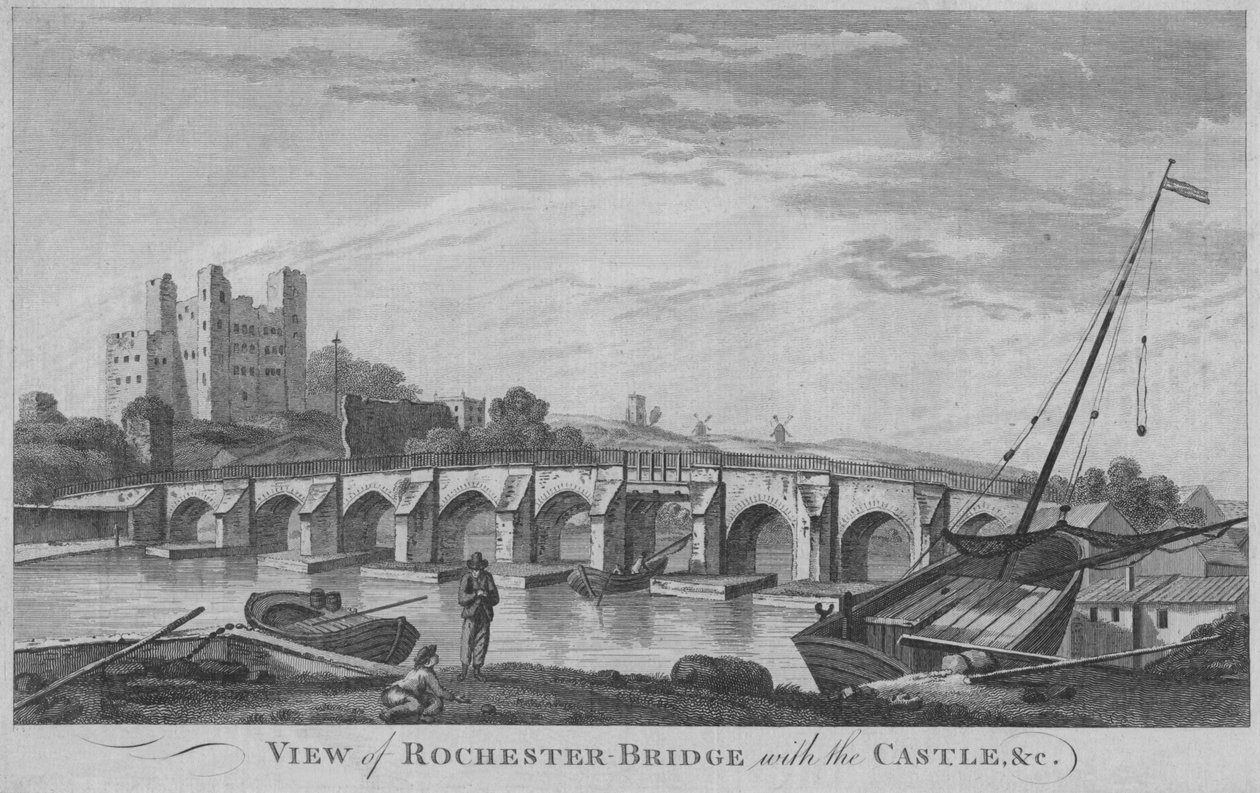 Udsigt over Rochester Bridge med slottet osv., 1779. af Unbekannt