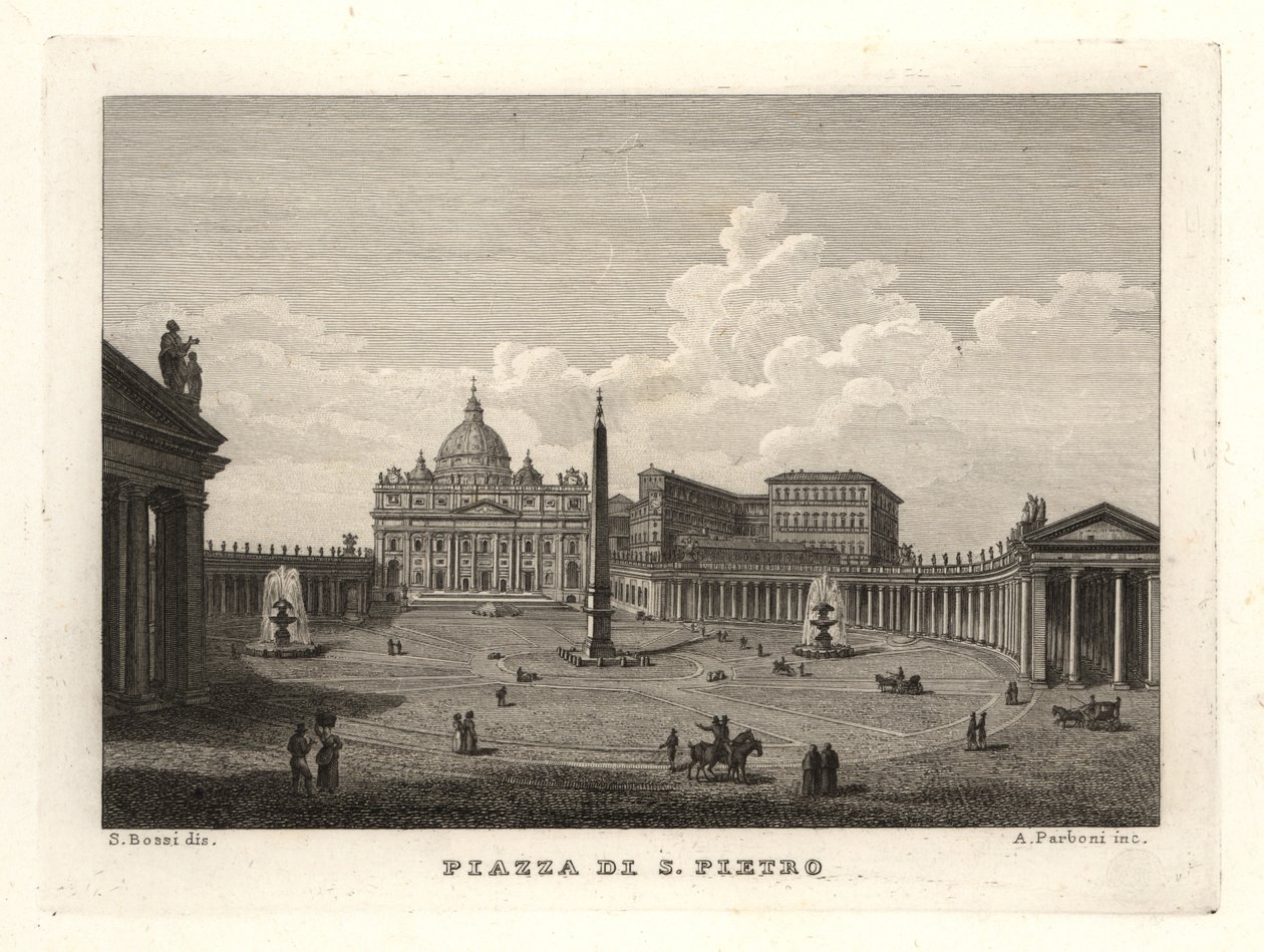 Udsigt over Peterspladsen, Piazza di S. Pietro, med Peterskirken og den gamle egyptiske obelisk af Unbekannt