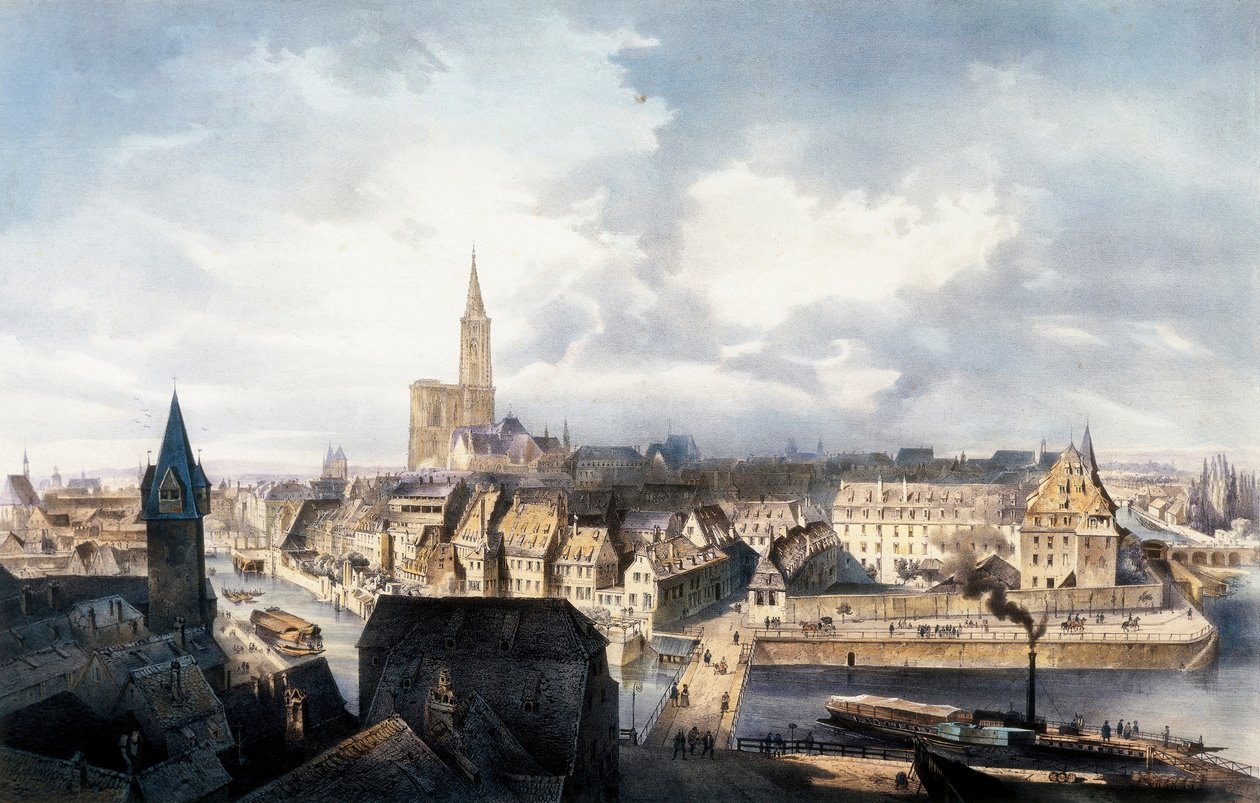 Udsigt over Strasbourg (Frankrig) fra Saint Guillaume-tårnet. Litografi i farver. af Unbekannt