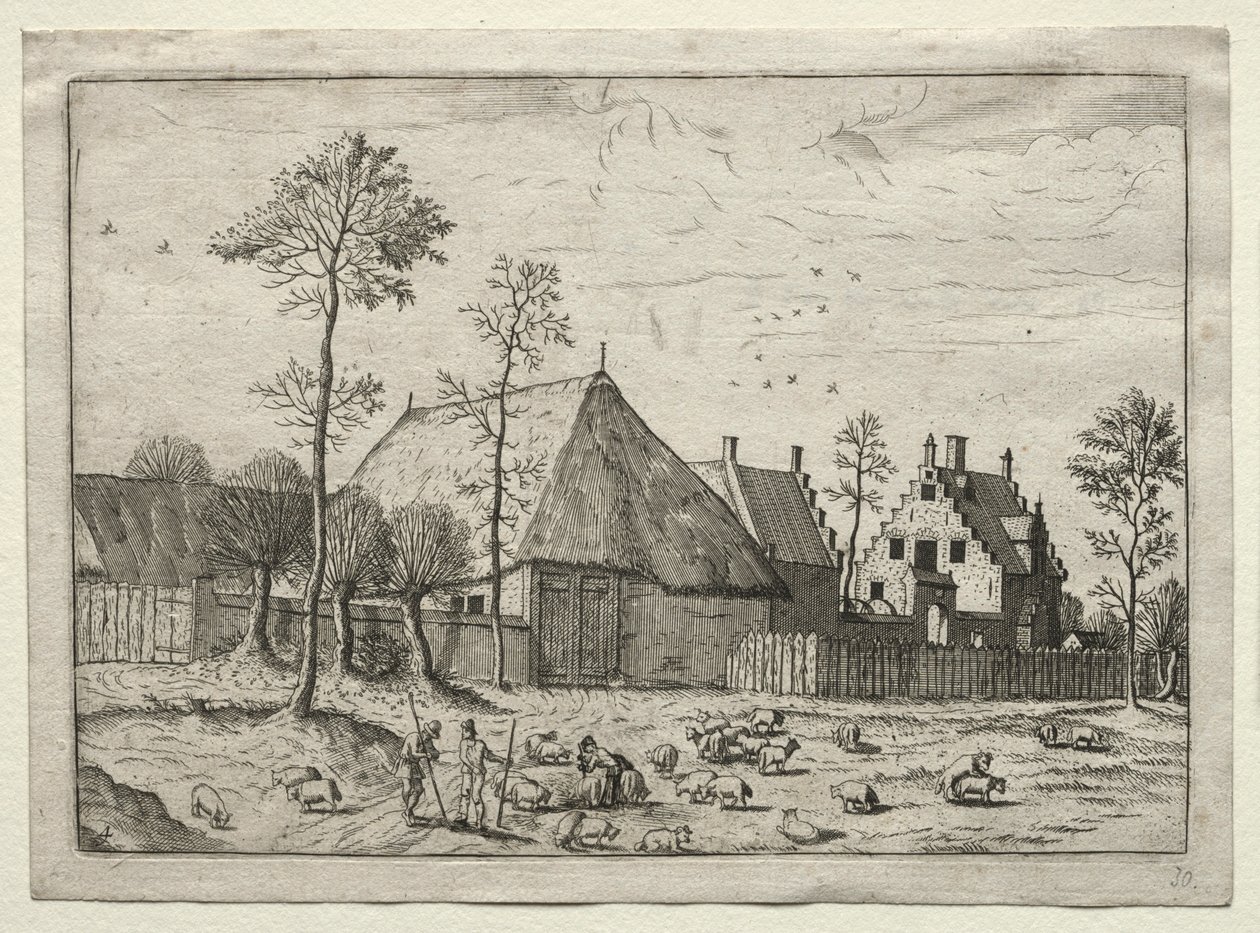 Udsigt over landsbyer i Brabant og Campine: Hyrder med flok, ca. 1559. af Unbekannt