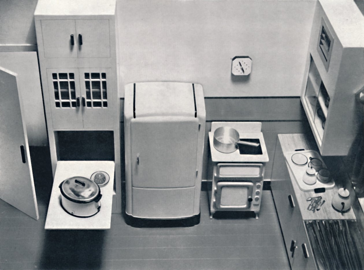 Udsigt til et køkken, designet af H.M.V. Husholdningsapparater, 1938 af Unbekannt
