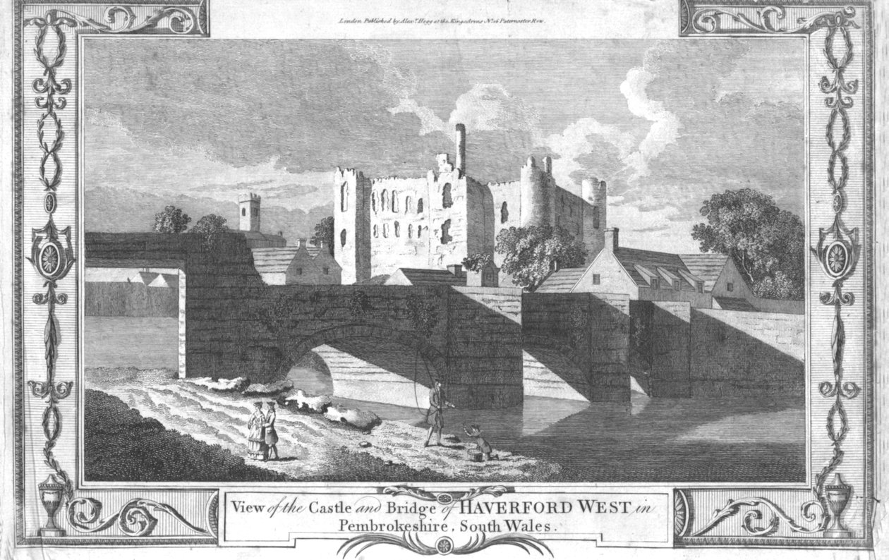Udsigt over slottet og broen i Haverford West i Pembrokeshire., slutningen af det 18. århundrede af Unbekannt