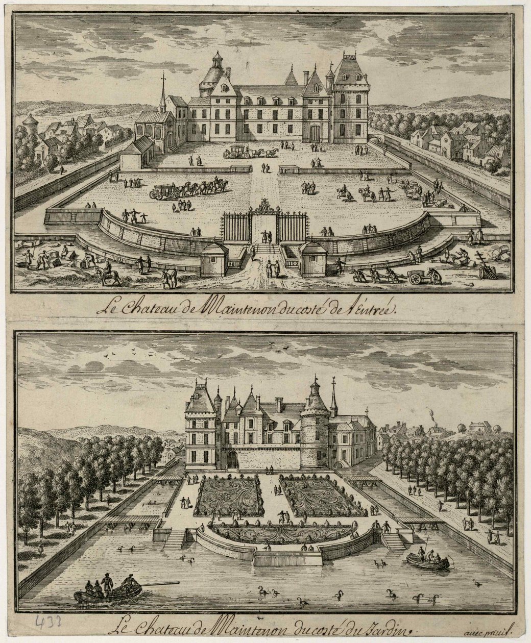 Udsigt over Château de Maintenon fra indgangen og fra haven, 1600-tallet. af Unbekannt