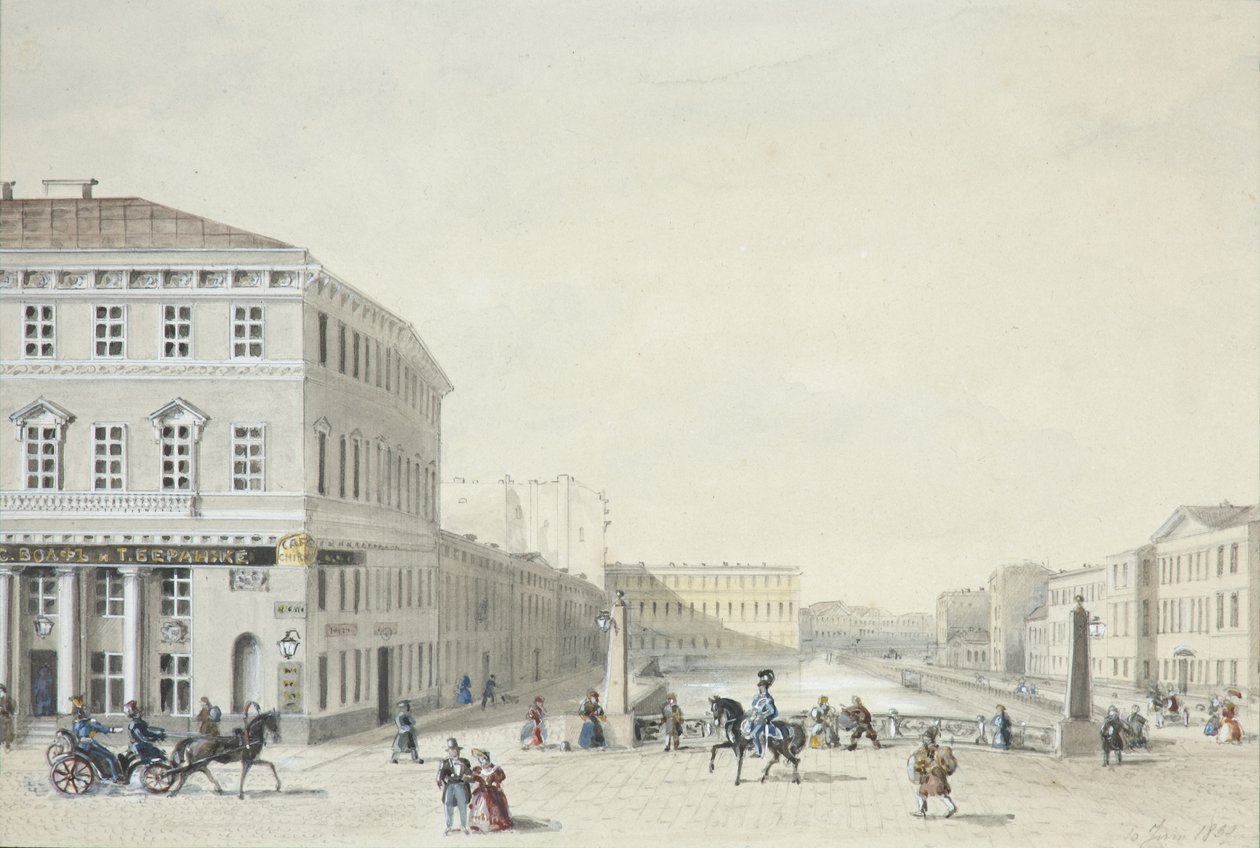 Udsigt over Moika-dæmningen fra politibroen, 1839 af Unbekannt