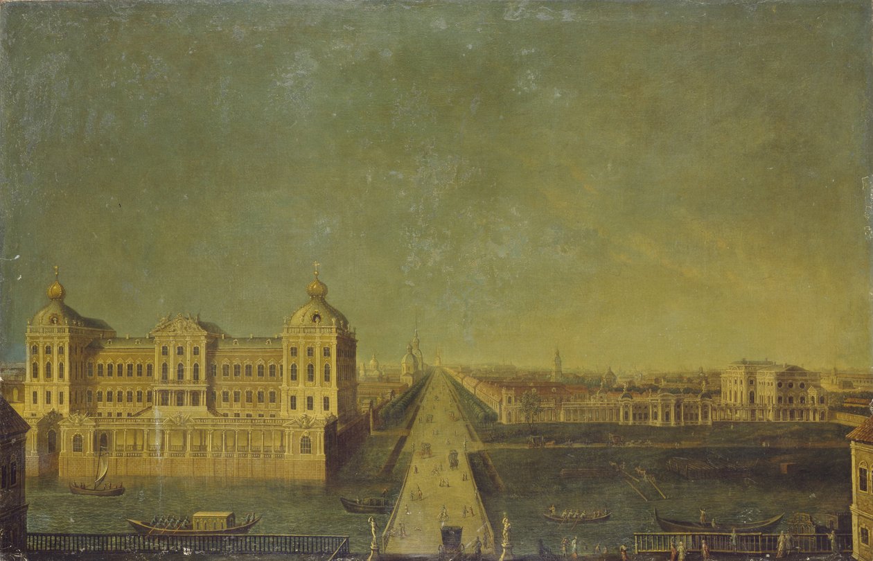 Udsigt over Nevsky Prospekt fra Anichkov-paladset med Shuvalovs-huset, anden halvdel af det 18. århundrede. af Unbekannt