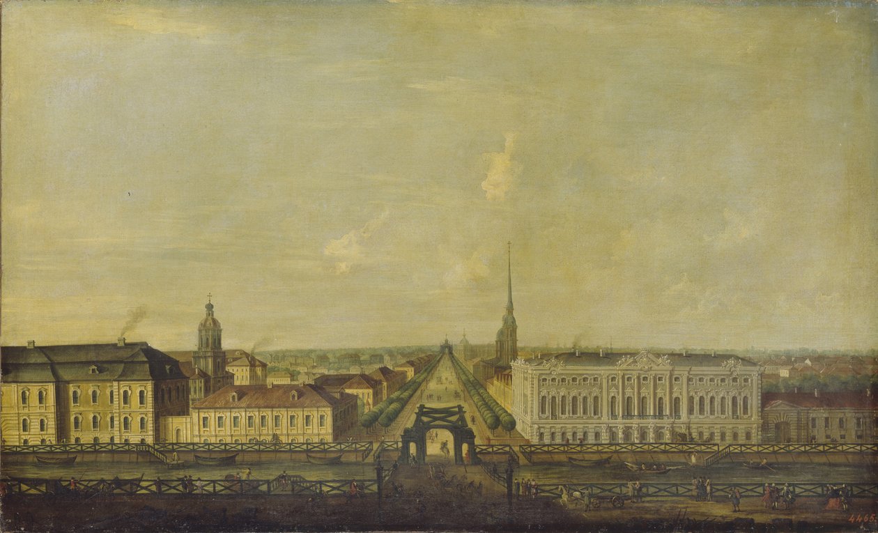 Udsigt over Nevsky Prospekt fra politibroen med Stroganov-paladset, anden halvdel af det 18. årh. af Unbekannt