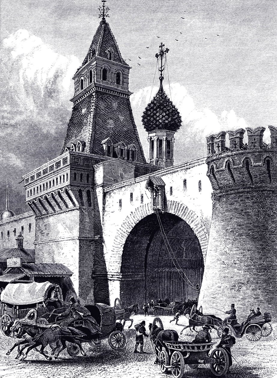 Udsigt over Nikolskaya Tower og Armory i Moskva, ca 1860 af Unbekannt
