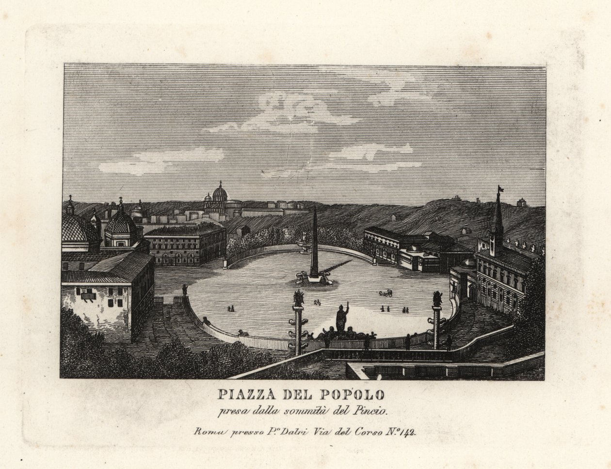 Udsigt over Piazza del Popolo, Place du Peuple, med en egyptisk obelisk af Ramses II fra Heliopolis, fra toppen af Pincian Hill, Rom af Unbekannt