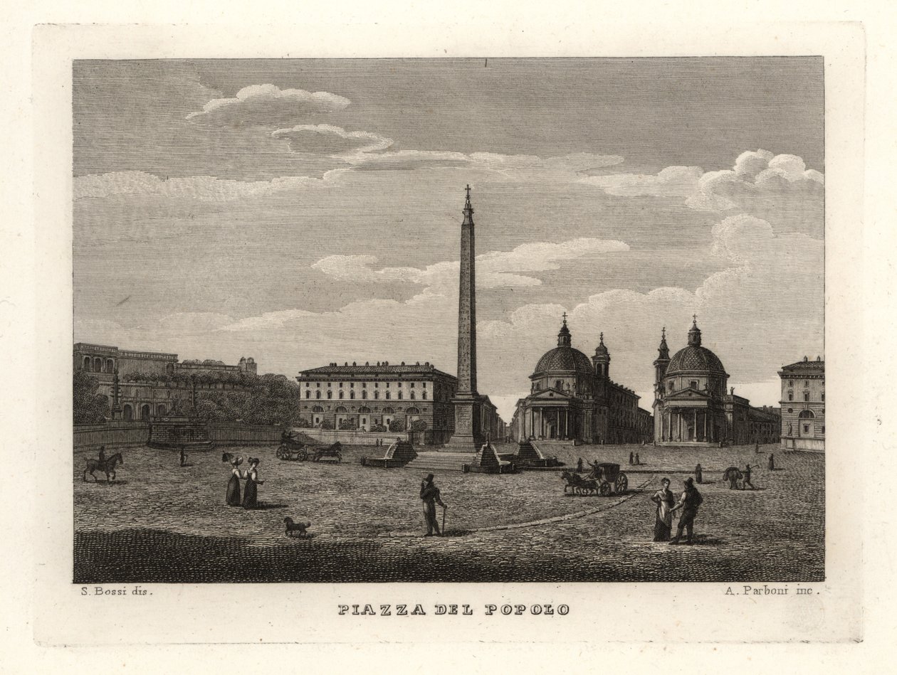Udsigt over Piazza del Popolo, Rom, med gammel obelisk fra Heliopolis, Egypten af Unbekannt