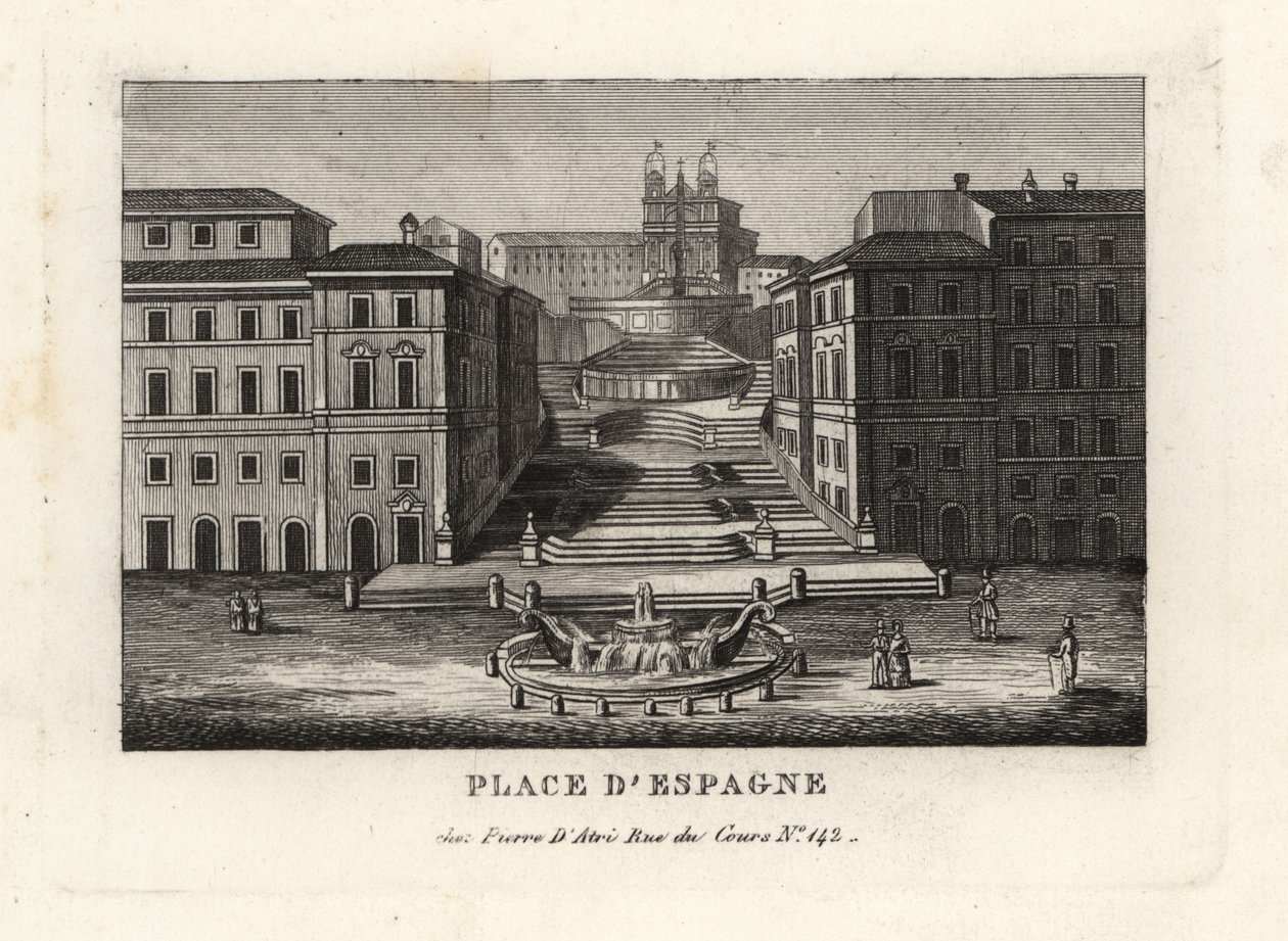 Udsigt over Piazza di Spagna, Fontana della Barcaccia, bådens springvand og Scalinata di Trinita dei Monti, Den Spanske Trappe, Rom af Unbekannt