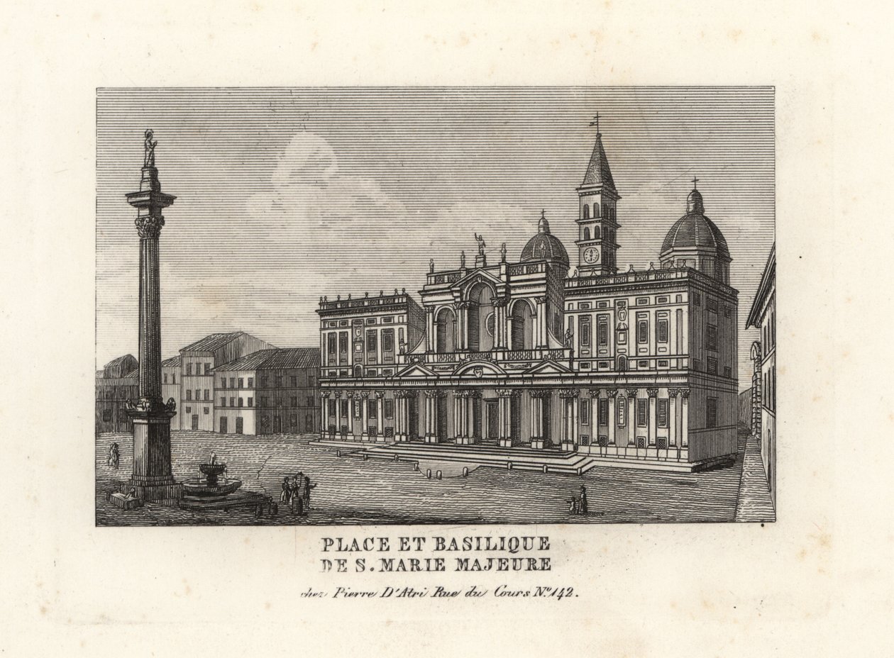 Udsigt over Piazza e Basilica di Santa Maria Maggiore, pladsen og kirken Saint Mary Major med dens Mariasøjle, Rom af Unbekannt
