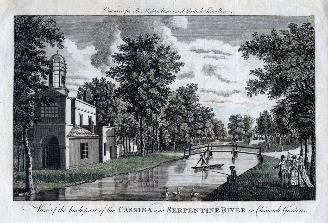 Udsigt over den bagerste del af Cassina og Serpentine River i Chiswick Gardens, London af Unbekannt