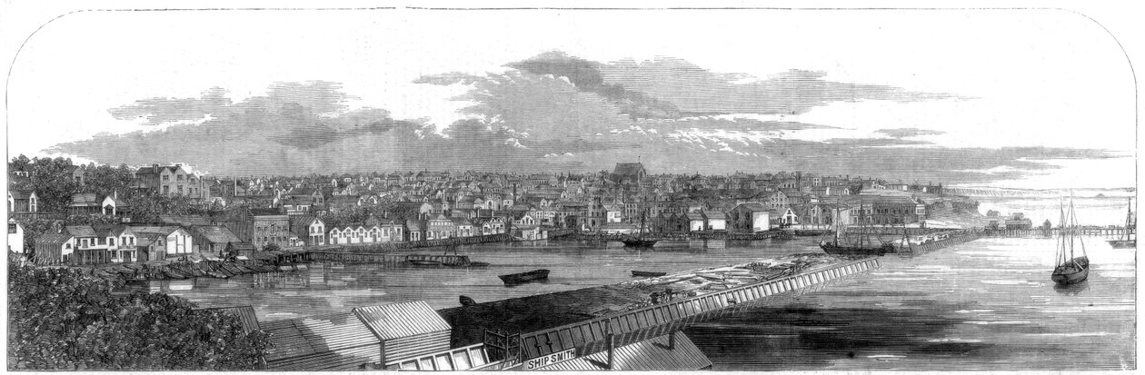 Udsigt over byen Auckland, New Zealand, med den nye kommercielle dæmning, 1860 af Unbekannt
