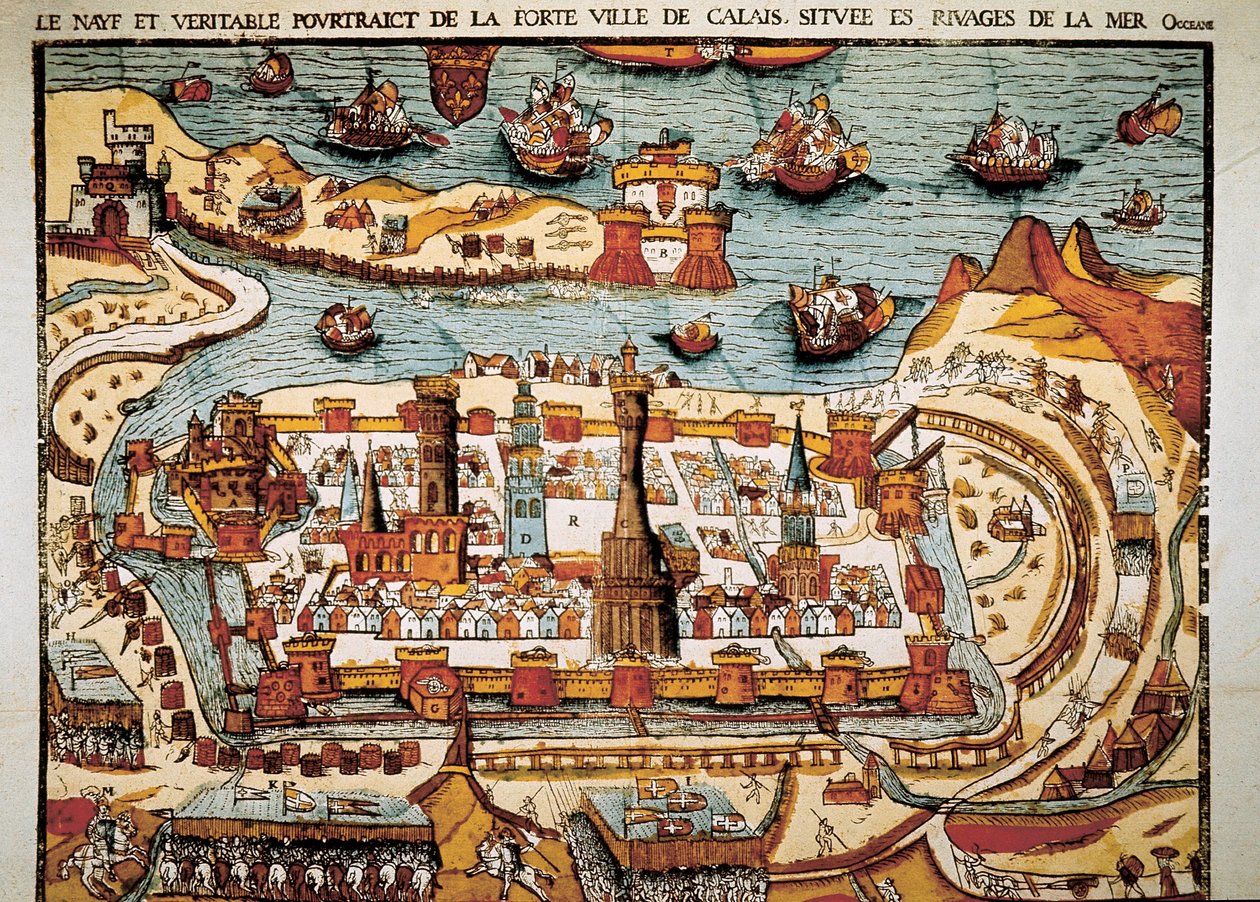 Udsigt over byen Calais i 1538. Xylografi. af Unbekannt