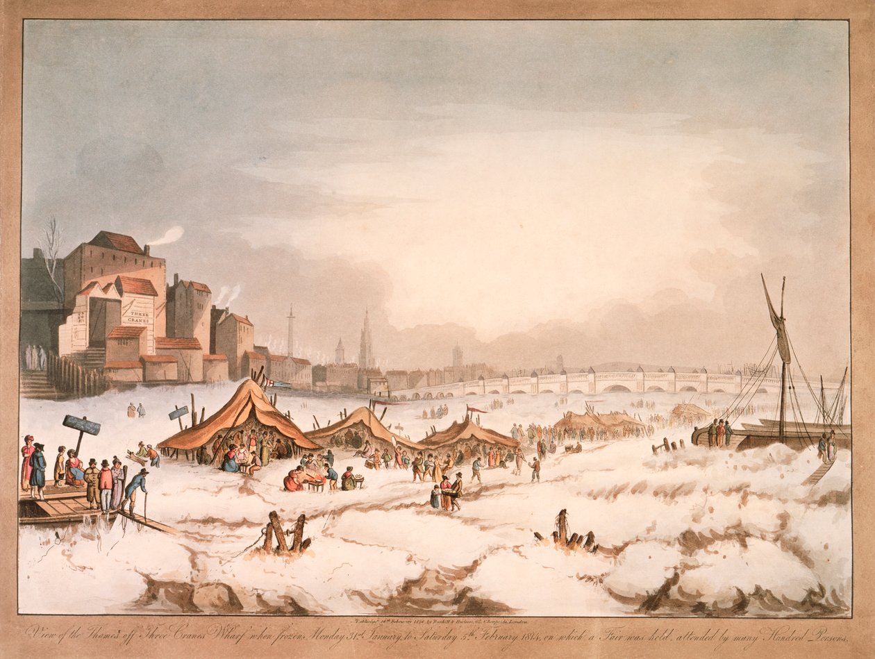 Udsigt over den frosne Themsen ud for Three Cranes Wharf, London, 1814 af Unbekannt