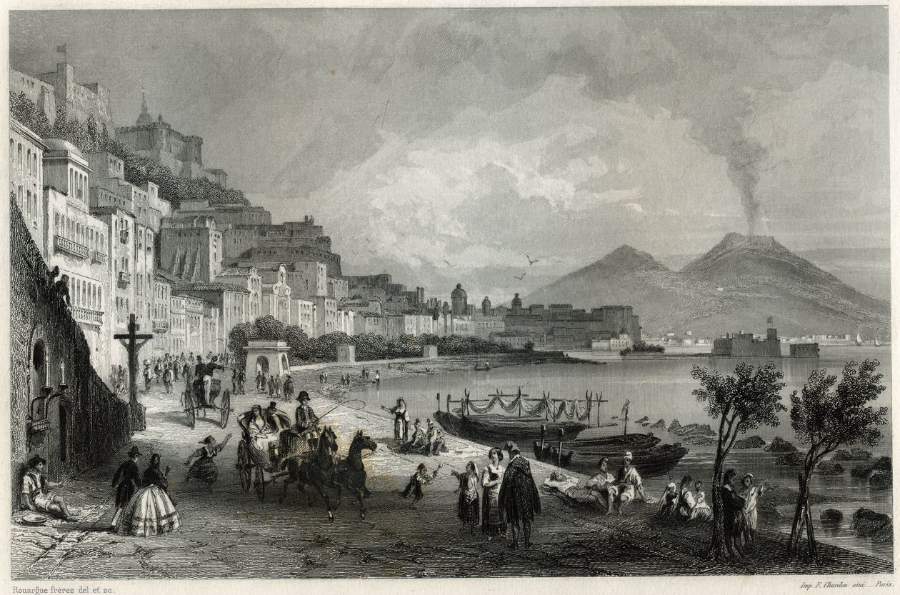 Udsigt over havnen og byen Napoli i det 19. århundrede, i bogen om Middelhavet af Louis Enault (1824-1900), fransk journalist og rejsende. af Unbekannt