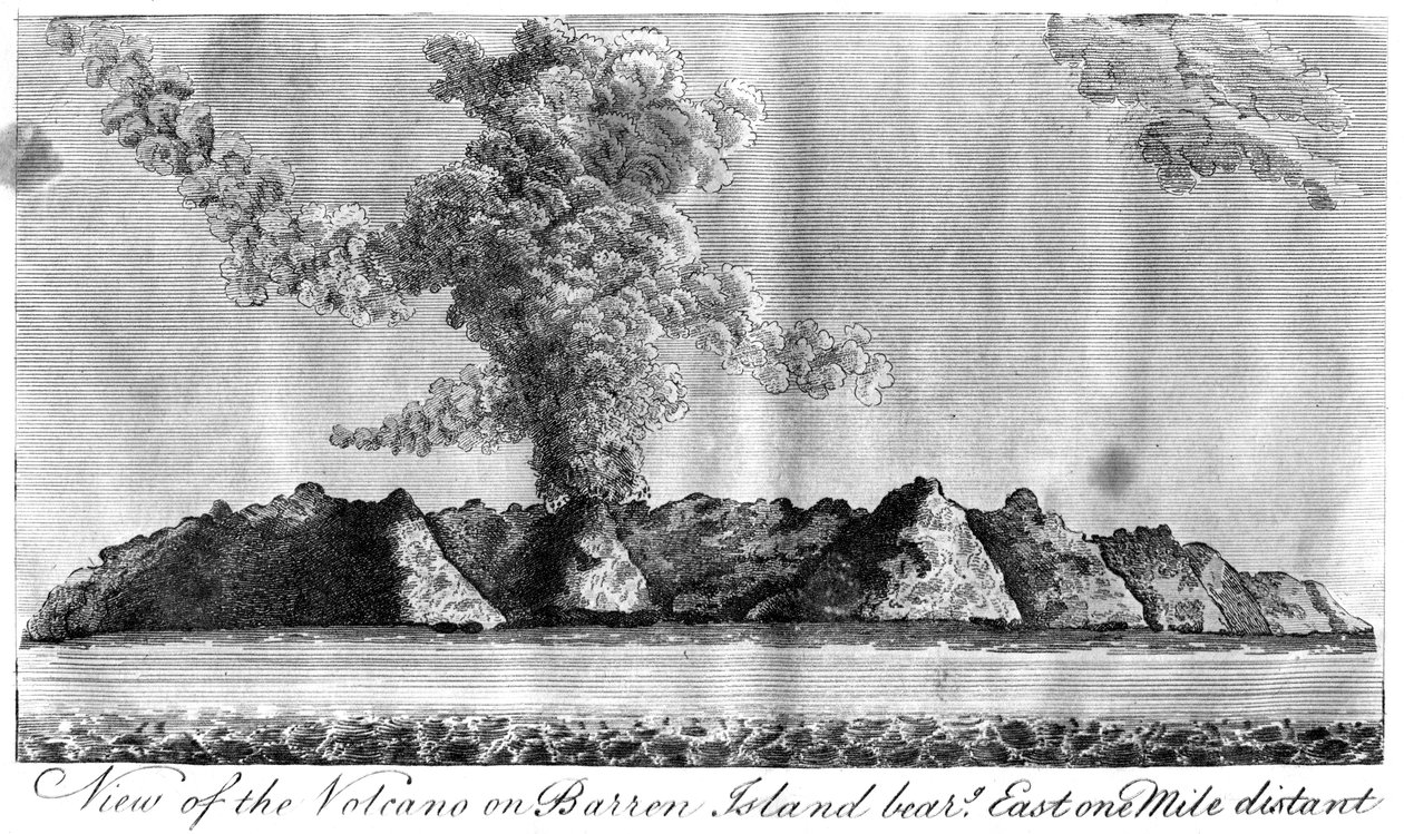 Udsigt over vulkanen på Barren Island, Andamanøerne, 1799 af Unbekannt