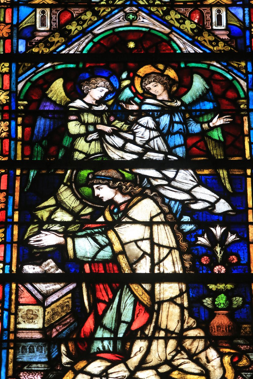 Jomfru Maria. Detaljer. Jomfruens kroning. Glasmosaik af Frantz Mayer de Munick 1884. Kapel i Notre Dame de la Ronde. St. Stephen Cathedral of Metz, Metz, Frankrig af Unbekannt