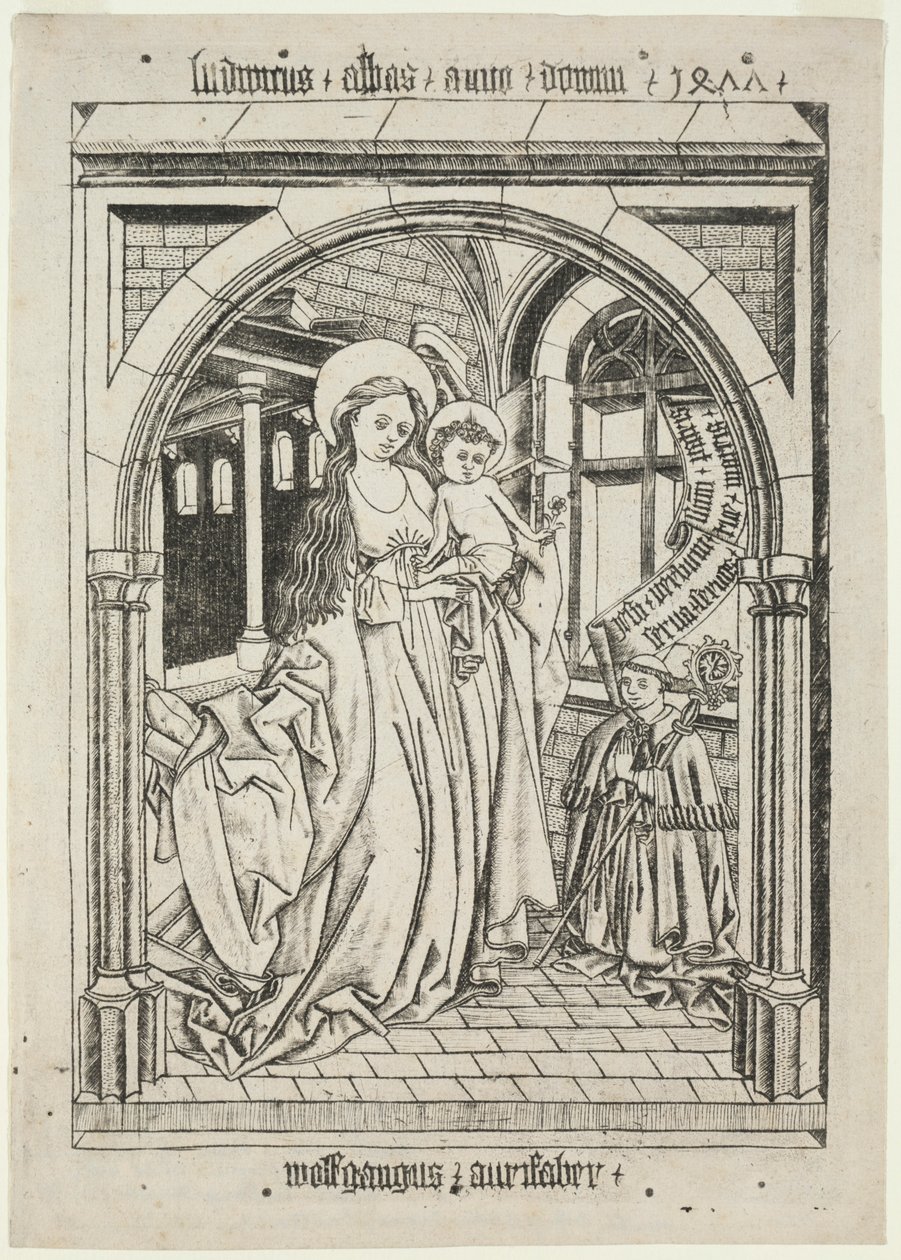 Jomfru og barn, Abbed Ludwig Knælende, 1400-tallet. af Unbekannt