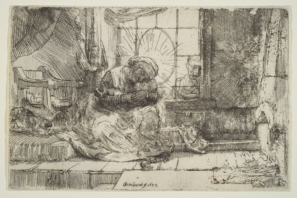 Jomfru og barn med katten: og Josef ved vinduet, 1654. af Unbekannt
