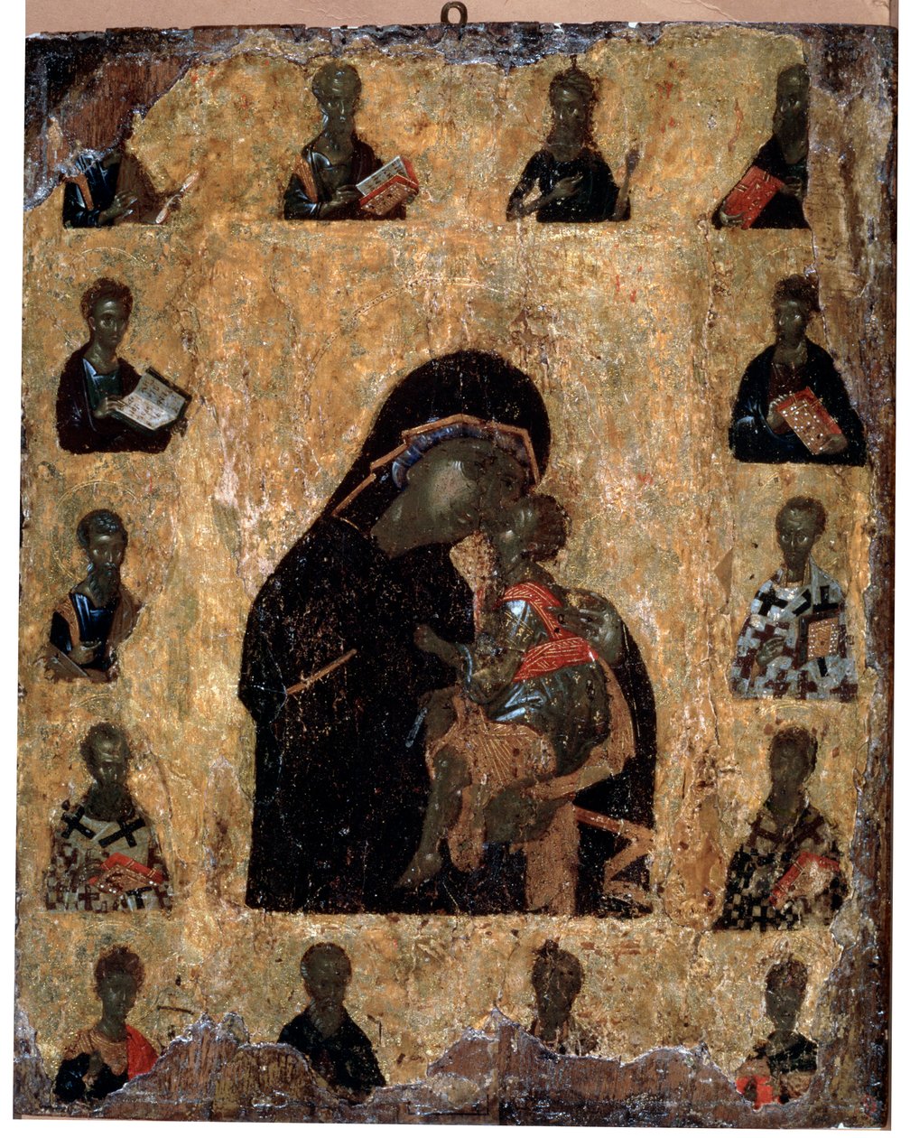 Ømhedens jomfru med de hellige Jomfruen Eleusa, byzantinsk ikon, 1300-tallet af Unbekannt