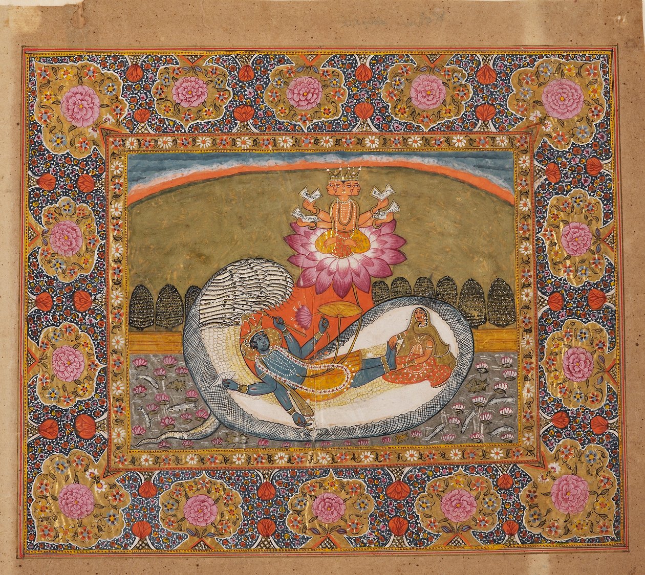 Vishnu og Lakshmi på slangen Shesha, med Brahma på lotus, muligvis slutningen af det 19. århundrede af Unbekannt