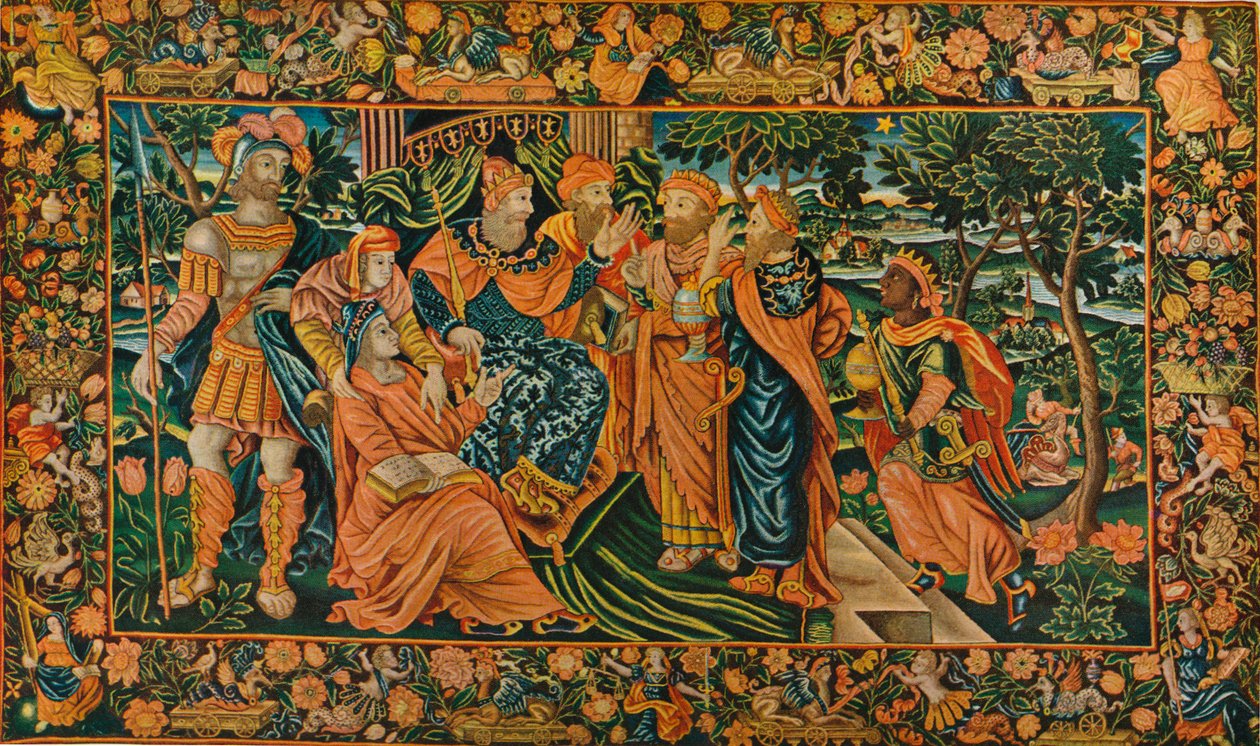 Vismændenes besøg hos Herodes: Elizabethan Petit-Point Panel, c1500-tallet af Unbekannt