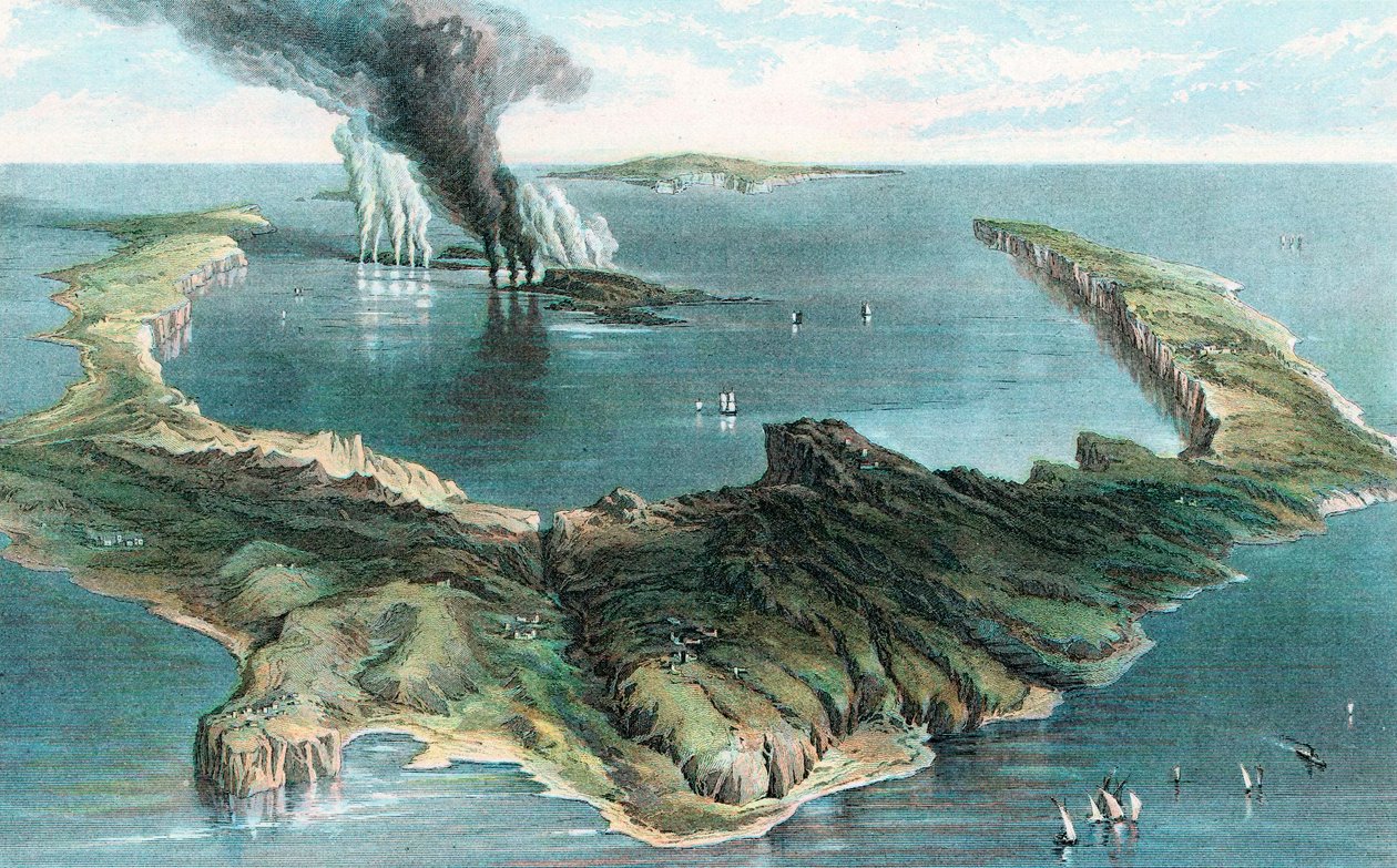 Vulkan på øen Thera Santorini i udbrud, 1866 af Unbekannt