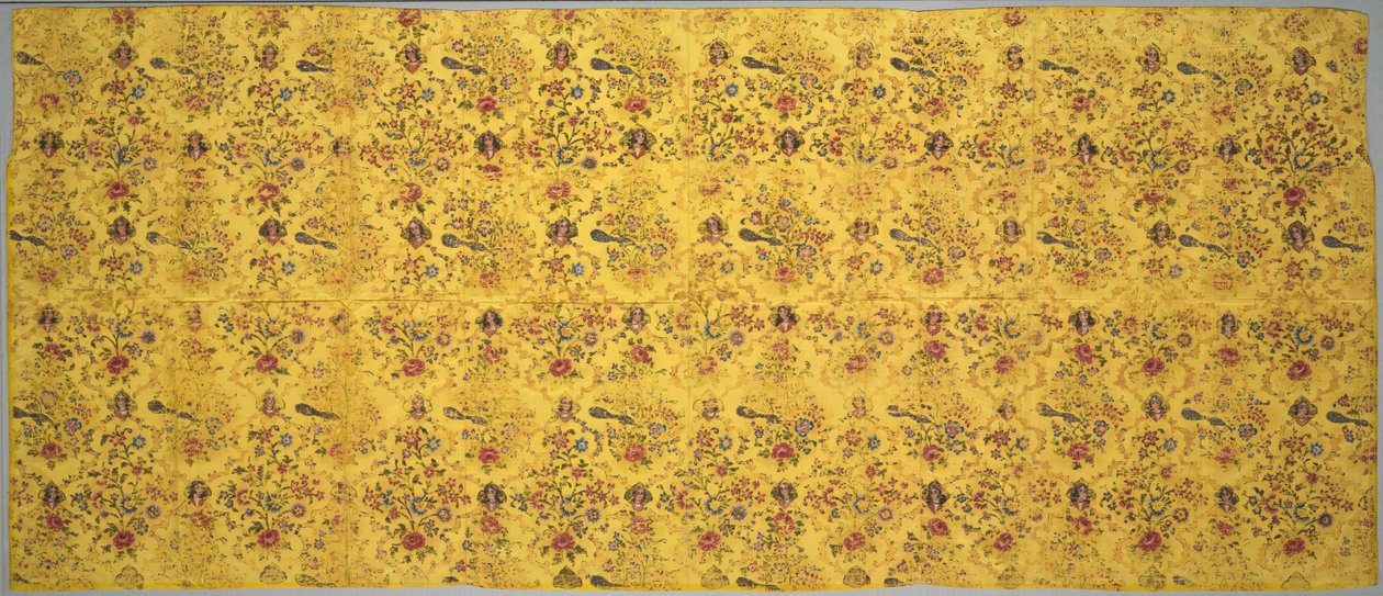 Vægbetræk med flora, påfugle og portrætmedaljoner, 1800-tallet. af Unbekannt