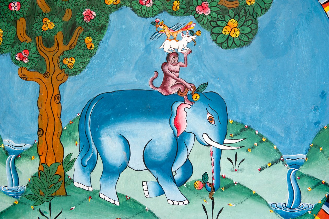 Væg, der forestiller legenden om de fire venner; elefant; abe; kanin og hane; Kharbadi Gompa; Phuentsholing; Kongeriget Bhutan af Unbekannt
