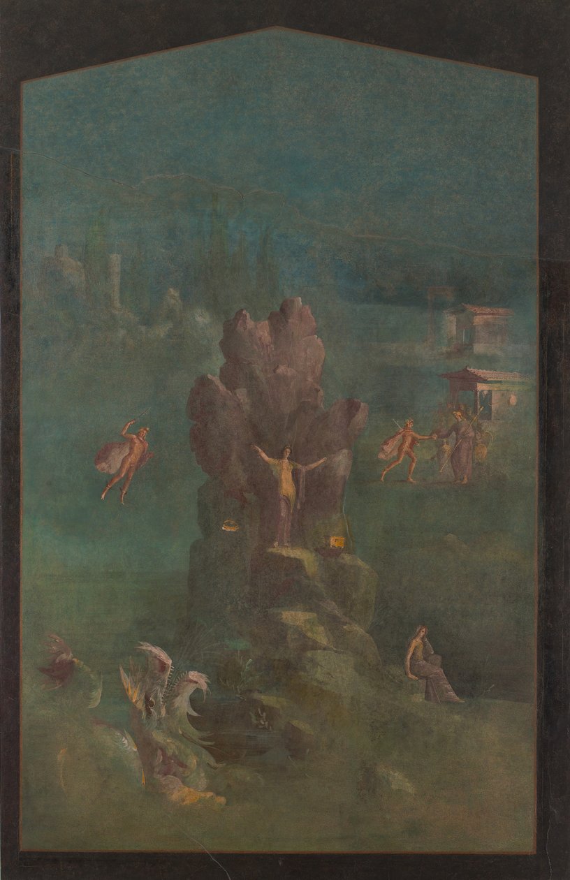 Vægmaleri: Perseus og Andromeda i landskab, fra kejservillaen..., 1. århundrede f.v.t. af Unbekannt