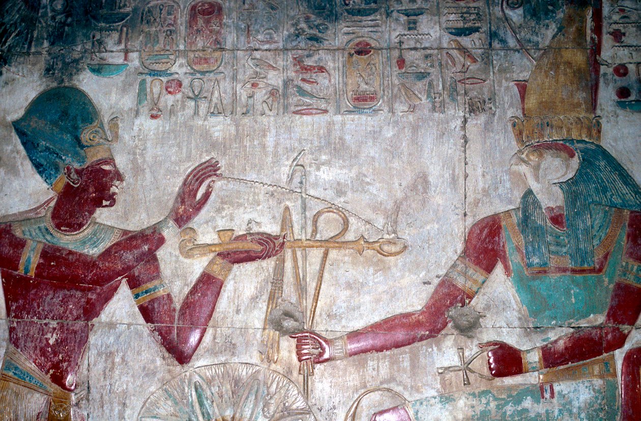 Vægmaleri detalje af Sethos I før Horus, Temple of Sethos I, Abydos, Egypten, c1280 f.Kr. af Unbekannt